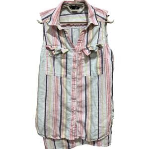 Zac Rachel Shirt Size M Pink Blue Yellow Striped Button Up Linen Sleeveless